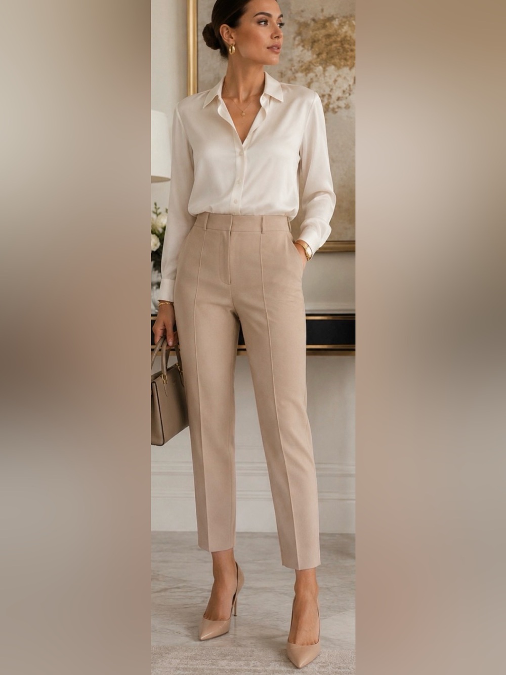 Zara Beige High Rise Tailored Ankle Pants Women’s Medium Office Career Stretch T